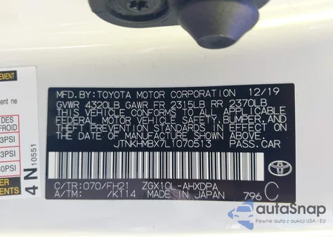 2020 Toyota C-Hr Le z USA, uszkodzony, nr VIN JTNKHMBX7L1070513